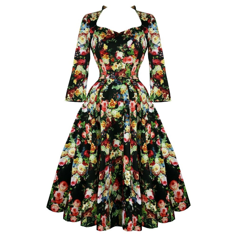 GOTH ROCKABILLY PIN UP HEARTS & ROSES LONDON FLORAL 1950'S TEA DRESS UK 22 US 18